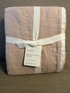 Pottery Barn Belgian Flax Linen Duvet Cover Full / Queen Soft Rose & White
